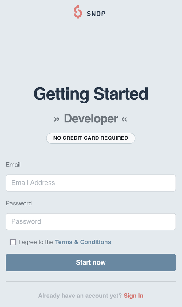 SvelteKit GraphQL Queries: Getting an API Key. Sign up form for API key. Title is Getting Started. There are boxes to enter an email address and password, as well as a start now submit button. Additional information includes a statement that no credit card is required. There is a checkbox to agree to the Terms and Conditions. Finally, there is a link to sign if you already have an account.