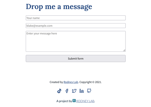 SvelteKit hCaptcha Contact Form: What we're Building: image shows a screenshot of a contact form. Heading is Drop me a message. There are input fields for a name, email address and message as well as a Submit form button.