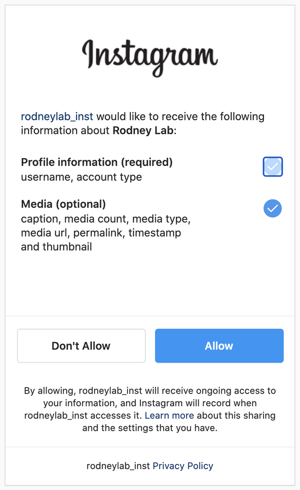 SvelteKit Infinite Scroll: Screenshot: Instagram A P I key: image is a screenshot of an authorization screen.  User can select level of authorization and click Allow on Don't Allow.