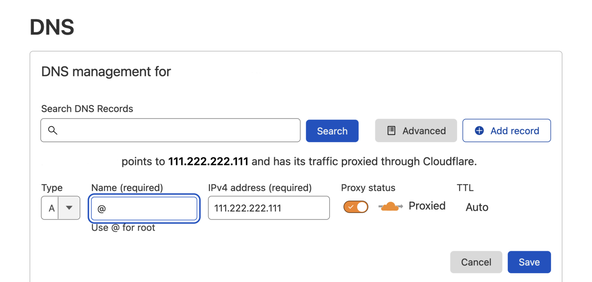 SvelteKit Node App Deploy: Screen capture of Cloudflare console shows D N S. Proxy status is enabled and states Proxied.