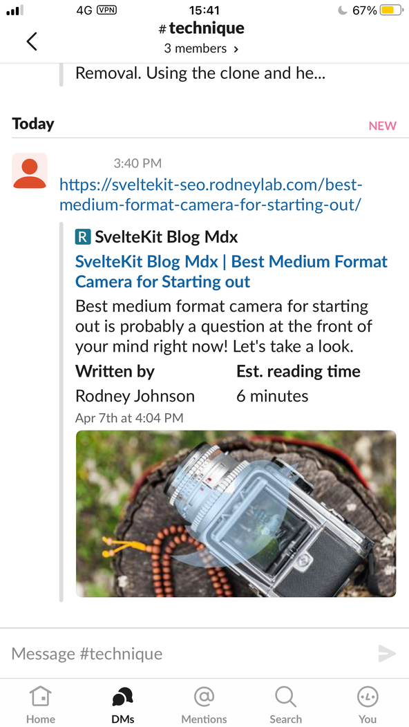 SvelteKit SEO: Slack: Webpage Bot: Slack conversation screenshot. User has received a share of a web page. The share shows author and reading time details in the social sharing card.