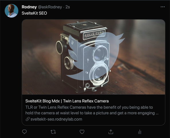 SvelteKit SEO: Search Engine Optimization Metadata: screen capture of Twitter post generated from page share.