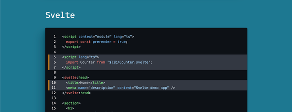 SvelteKit Shiki Syntax Highlighting: Extra Highlighting: Screenshot Svelte code block is highlighted with lines  5-7, 10 & 11 having extra highlighting: they have a lighter background and a coloured tab on the left