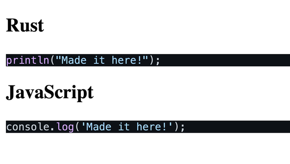 SvelteKit Shiki Syntax Highlighting: Initial Highlight: Screenshot shows Rust and JavaScript code blocks, highlighted.  Beyond code, the page is not styled.