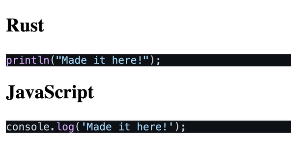 SvelteKit Shiki Syntax Highlighting: Initial Highlight: Screenshot shows Rust and JavaScript code blocks, highlighted. Beyond code, the page is not styled.