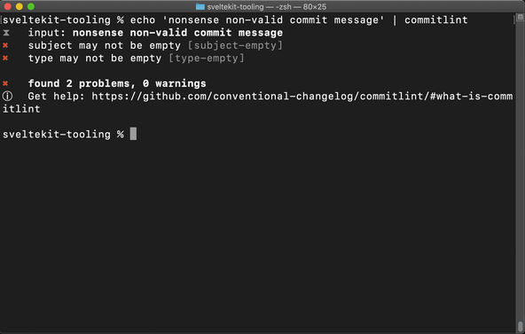 SvelteKit Tooling: Commitlint screenshot show output from commitlint lint with non-valid commit message. Response says subject must not be empty and type must not be empty.
