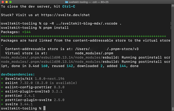 SvelteKit Tooling: p n p m install command screenshot. Result shows an output line recording 142 reused packages and only 2 downloaded.