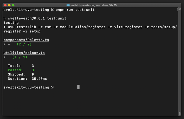 SvelteKit uvu Testing: Fast Component Unit Tests: test run screenshot of terminal: sveltekit-uvu-testing % pnpm run test:unit > svelte-each@0.0.1 test:unit sveltekit-uvu-testing > uvu tests/lib -r tsm -r module-alias/register -r vite-register -r tests/setup/register -i setup components/Palette.ts • •   (2 / 2) utilities/colour.ts •   (1 / 1) Total:     3 Passed:    3 Skipped:   0 Duration:  35.40ms 