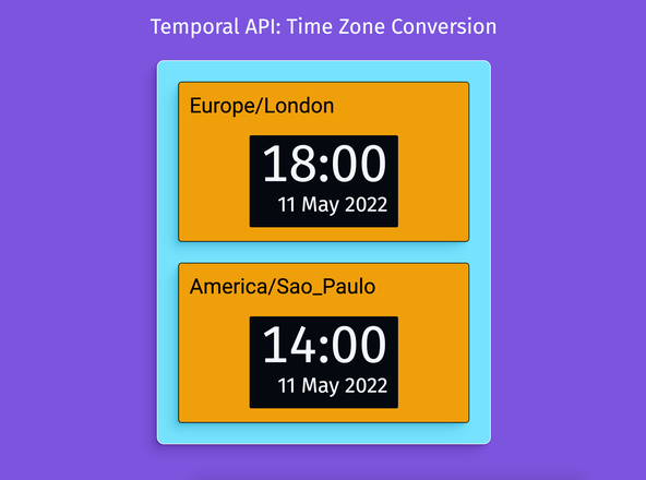 Temporal API Time Zones: Screenshot: image shows time at 18:00 for the Europe/London time zone and 14:00 for America/Sao Paulo