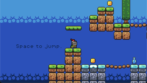 Trying Godot 4: Screen capture shows game being edited in Godot Engine. A panel on the left shows the Godot scene tree with a root Game node and child GameManager, TileMap, Player nodes. Right of that, occupying most of the screen is a 2D platform style game view with a blue background in three bands, becoming deeper blue as you descend. The foreground features stone platforms, trees and coins.