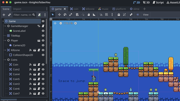 Trying Godot 4: a 2D platform style game view with a blue background in three bands, becoming deeper blue as you descend. The foreground features brown and grey stone platforms.  The player character has a knight sprite, and you can see coins, a bottle, a tree, and a rope bridge.  Text to left and centre of the view reads "Space to jump".