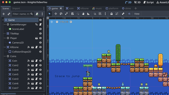 Trying Godot 4: a 2D platform style game view with a blue background in three bands, becoming deeper blue as you descend. The foreground features brown and grey stone platforms. The player character has a knight sprite, and you can see coins, a bottle, a tree, and a rope bridge. Text to left and centre of the view reads "Space to jump".