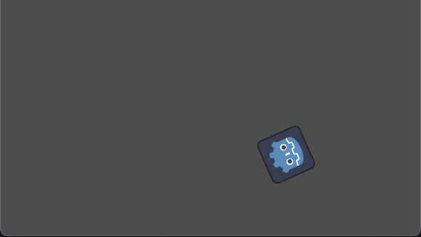 Trying Godot 4: Screen capture shows a game window with a grey background.  Towards the bottom left is a the Godot icon (a pixelated robot head in blue).  The icon is tilted to you one side.