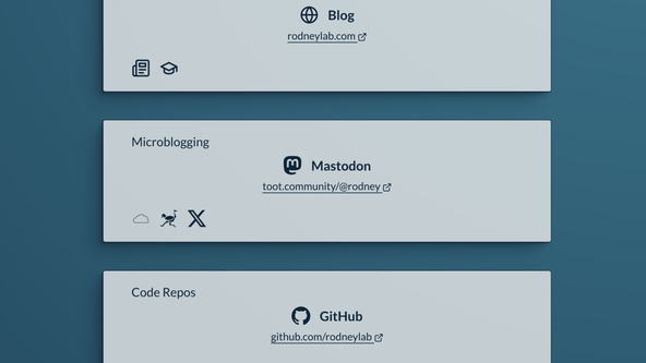 Trying out Leptos: screenshot of microblogging widget shows Mastodon featured, with a link. Below are buttons, each with just a logo. The logos are for Bluesky, Nostr and X (previously Twitter)
