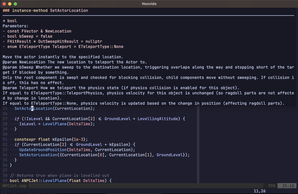 Unreal Engine with Neovim: Screen capture shows an Unreal Engine C++ actor file being edited in Neovim.  The user has pulled up the documentation for the Unreal Engine SetActorLocation A P I, shown in the top half of the editor window.