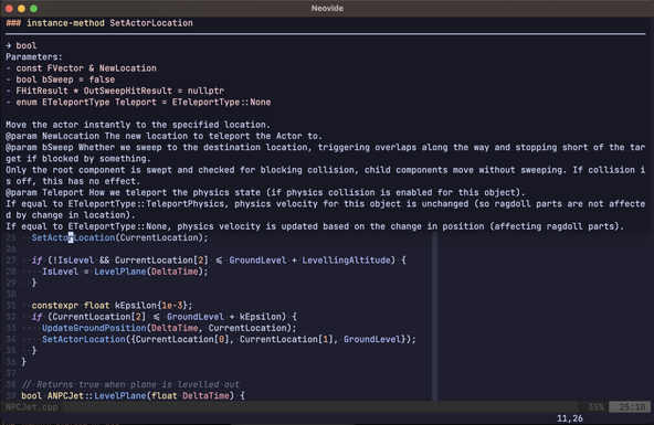 Unreal Engine with Neovim: Screen capture shows an Unreal Engine C++ actor file being edited in Neovim. The user has pulled up the documentation for the Unreal Engine SetActorLocation A P I, shown in the top half of the editor window.