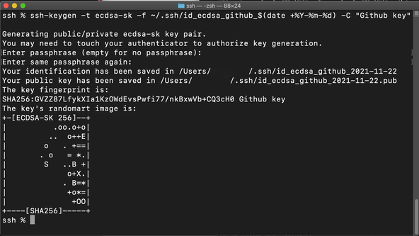 Using FIDO U2F for GitHub SSH: using Secure Keys: Terminal: user has entered the ssh-keygen command listed below and output shows You may need to touch your authenticator to authorize key generation. Enter passphrase (empty for no passphrase): Enter same passphrase again: . Paths to the public and private keys in ~/.ssh folder are also shown.
