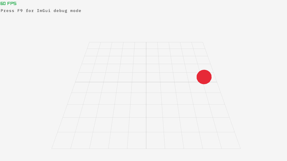 Using Jolt with flecs: screen capture shows a red sphere sitting on a large wireframe grid, in the centre of the screen. At the top, left there is a rendering frames per second readout. Below that, text reads 'Press F 9 for I m G u i debug mode'.