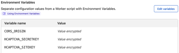 Using Rust Cloudflare Workers: Test Route: Cloud flare dashboard screenshot with the names of the environment variable just set up listed within the Environment Variable section.  The values are not shown, in their place is the text Value encrypted.