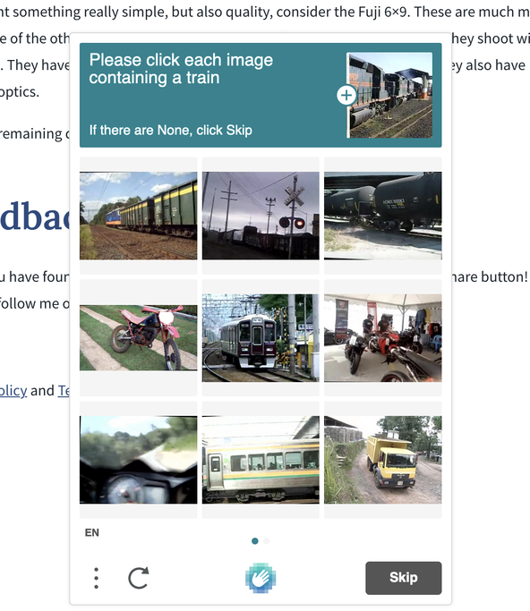 Using Rust Cloudflare Workers: Test client - h captcha where user must identify pictures with a train. 9 images are shown.