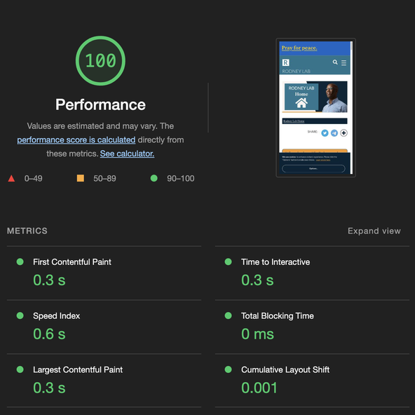 Why I moved to Astro: Image shows Lighthouse scores for new Astro site. Overall performance score is 100, first contentful paint is 0.3 s, Time to Interactive is 0.3 s, Speed Index is 0.6 s, Total Blocking Time is 0 ms, Largest Contentful Paint is 0.3 s and Cumulative layout shift is 0.001