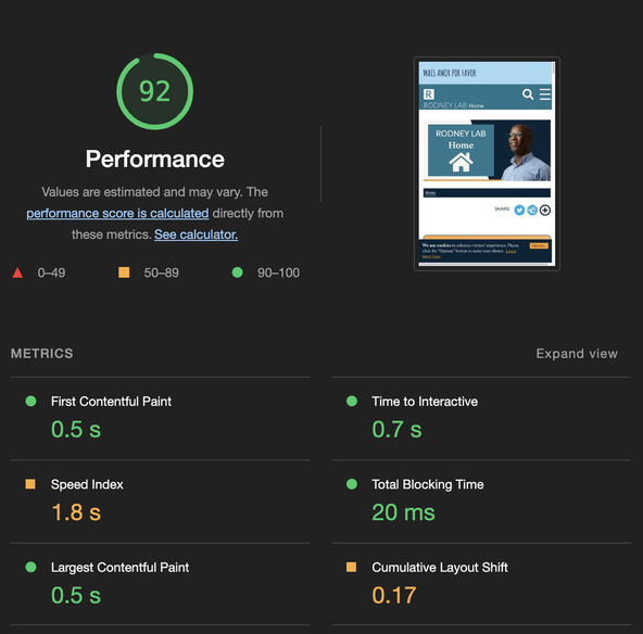 Why I moved to Astro: Image shows Lighthouse scores for old Gatsby site. Overall performance score is 9O, first contentful paint is 0.5 s, Time to Interactive is 0.7 s, Speed Index is 1.8 s (highlighted amber), Total Blocking Time is 20 ms, Largest Contentful Paint is 0.5 s and Cumulative layout shift is 0.17 (highlighted amber)