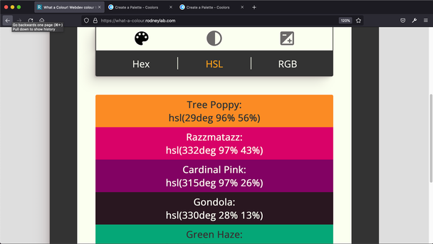 Screenshot shows app with Colour Palette title, matching the highlighted palette icon in the first set of radio buttons below.  The second set of radio buttons displays Hex, H S L and R G B, with H S L highlighted.  In the main view there are five colour bars in view, for each the background colour matches an h s l value shown in light coloured text when the colour is dark and vice versa.